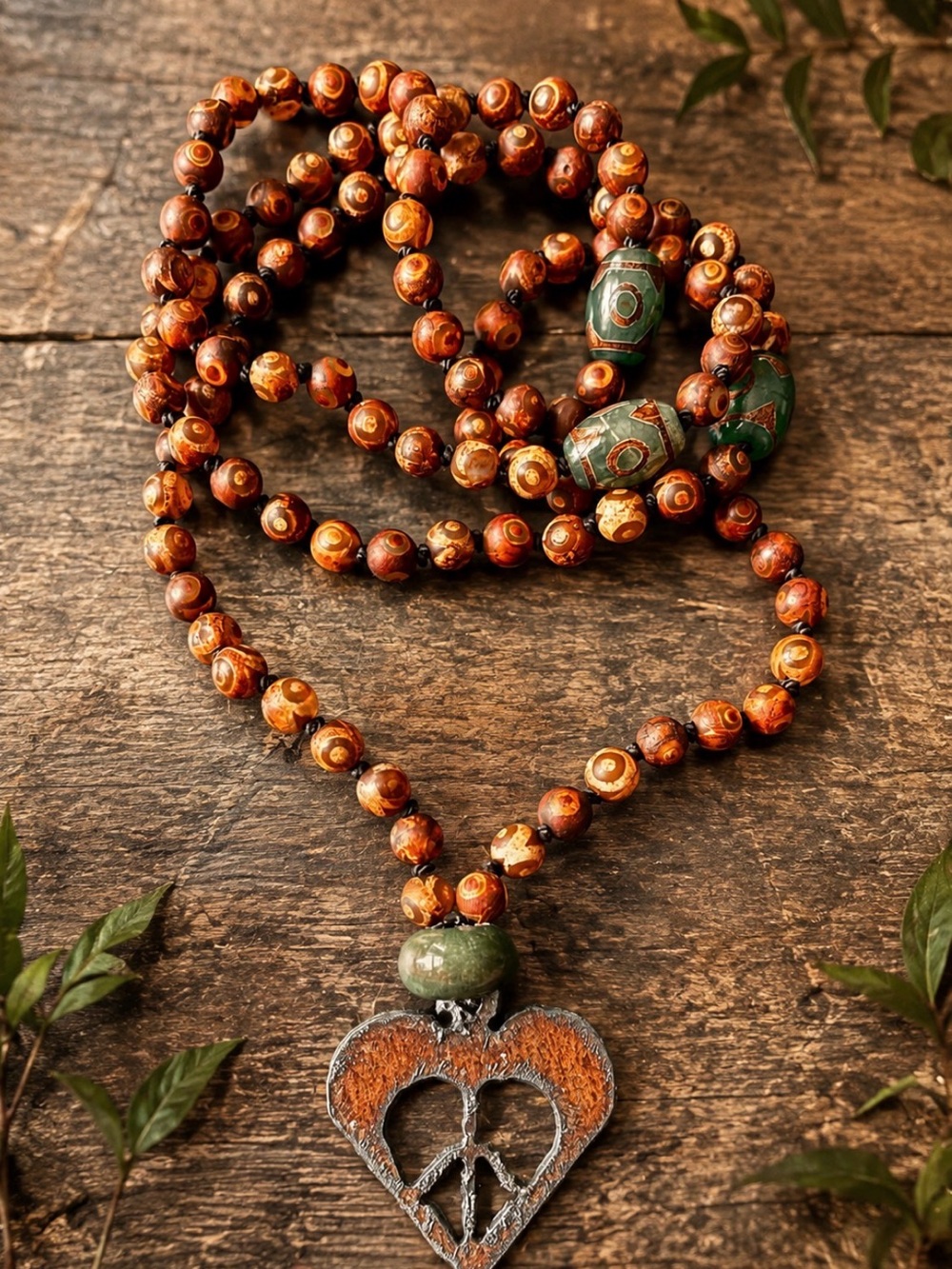 Tibetan Dzi Agate & Moss Agate 108 hand beaded Mala w Copper Heart Focal